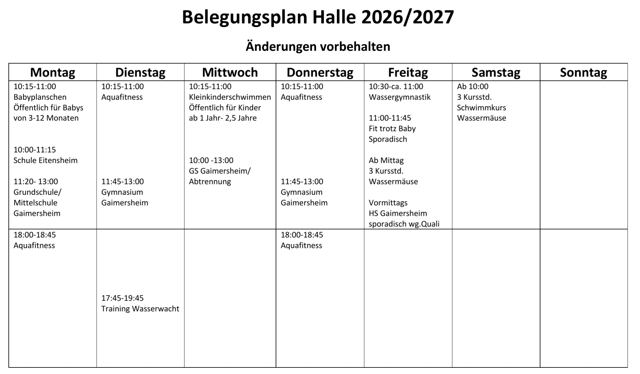 Belegungsplan Halle 2026/2027 des Erlebnisbads Aquamarin als Wochentabelle von Montag bis Sonntag, Änderungen vorbehalten